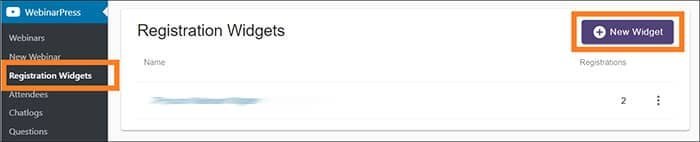 WordPress navigate to WebinarPress Registration Widget click New Widget button