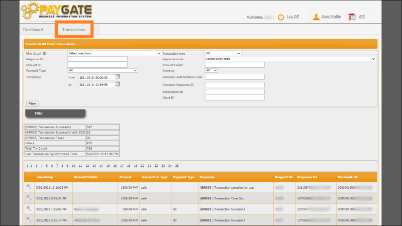 Paynamics Payment Gateway (PayGate) Portal dashboard