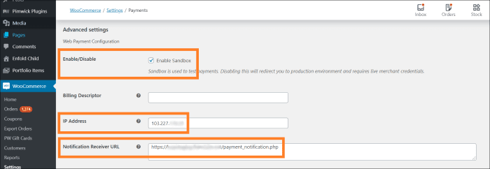 Paynamics Payment Gateway Settings enable sandbox, set IP Address, set Notification Receiver URL