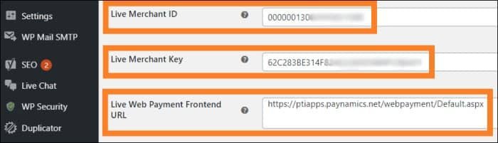 Paynamics Payment Gateway Settings set Live Merchant ID, set Live Merchant Key, set Live Web Payment Frontend URL