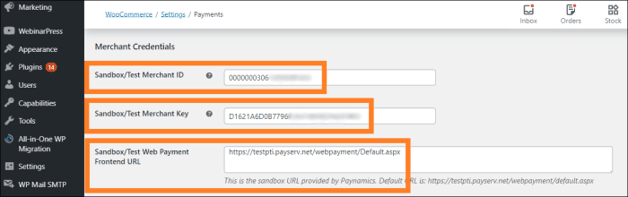 Paynamics Payment Gateway Settings set Sandbox Test Merchant ID, set Sandbox Test Merchant Key, set Sandbox Test Web Payment Frontend URL