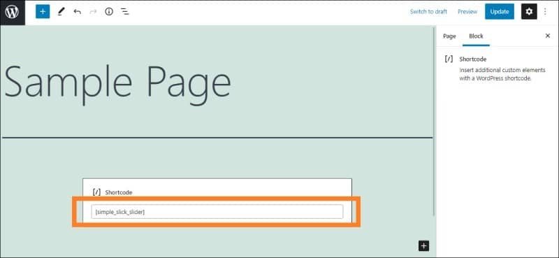Add or insert simple slick slider shortcode to WordPress page or post