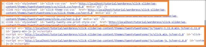 Check if slick required CSS and JS files (slick.css, slick-theme.css, jquery-1.11.0.min.js, slick.min.js, and custom-js.js) are loaded within WordPress HTML head tag