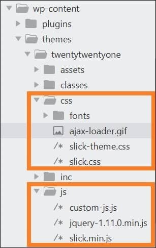 Slick required files - fonts (slick.ttf, slick.woff), ajax-loader.gif, slick.css, slick-theme.css, jquery-1.11.0.min.js, and slick.min.js)