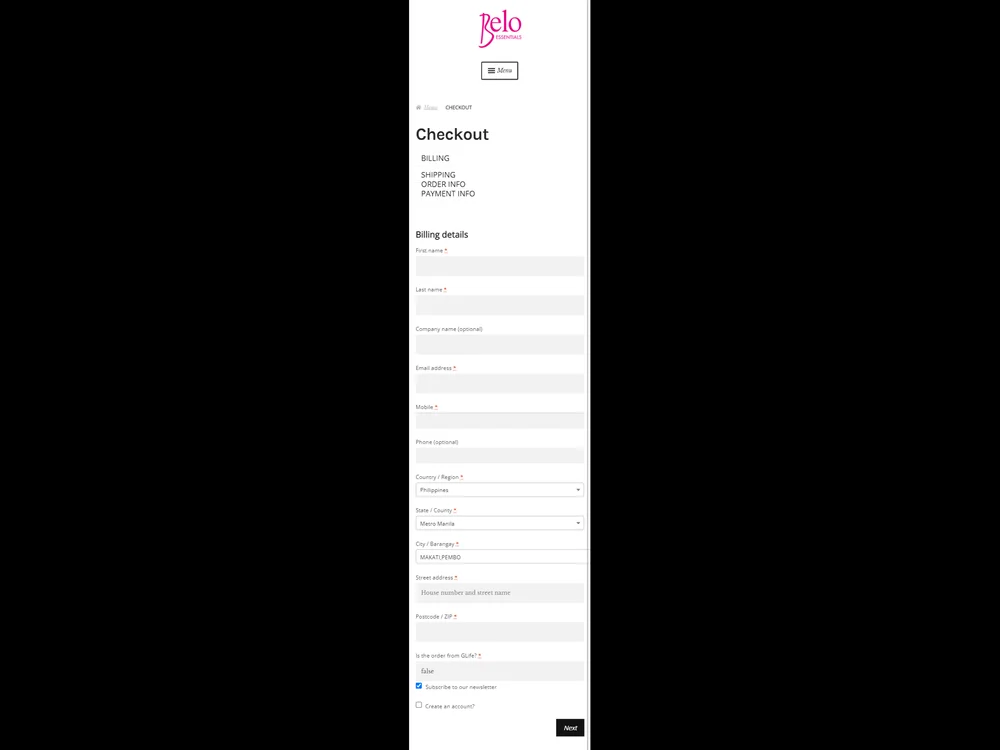 Bello Essentials WooCommerce Website Checkout Page Mobile