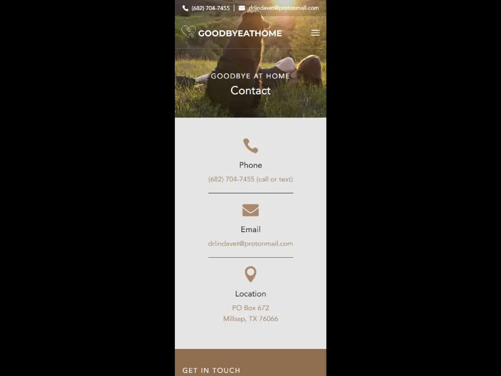 Goodbye at Home Contact Us page mobile