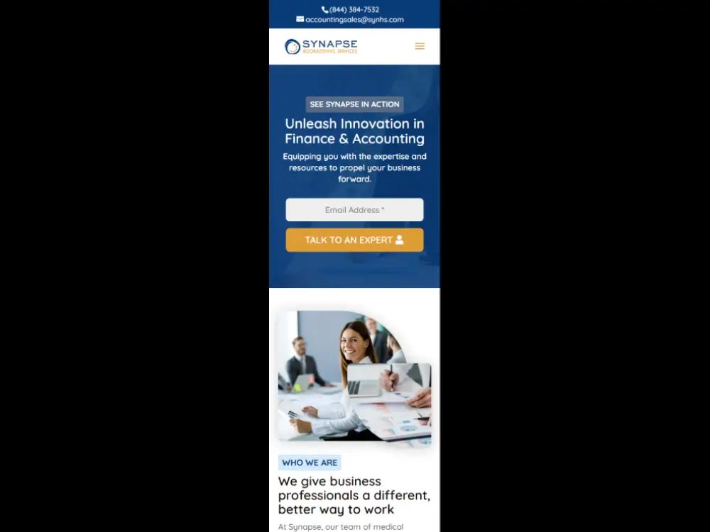 Synapse Bookkeeping Home page mobile